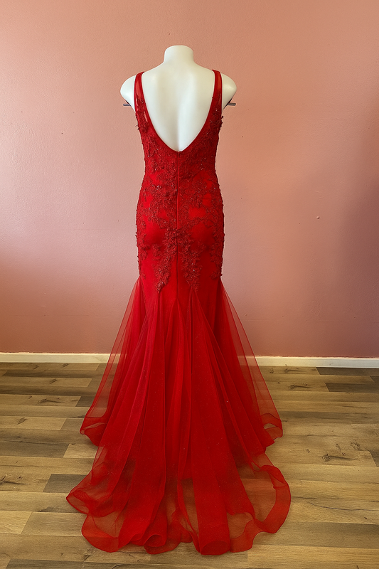 Red Carpet Beaded Stone Lace Dress