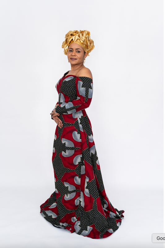 red and black patterned dress