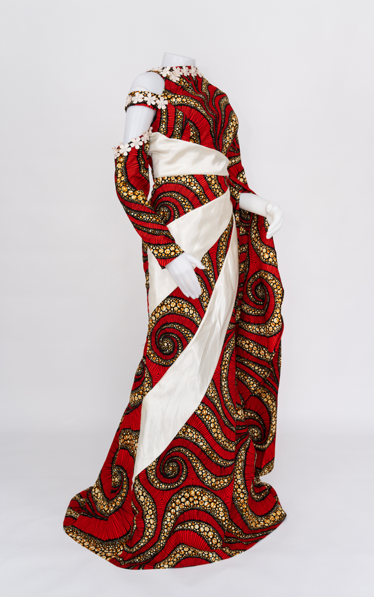 Red Ankara Satin One-Shoulder Gown