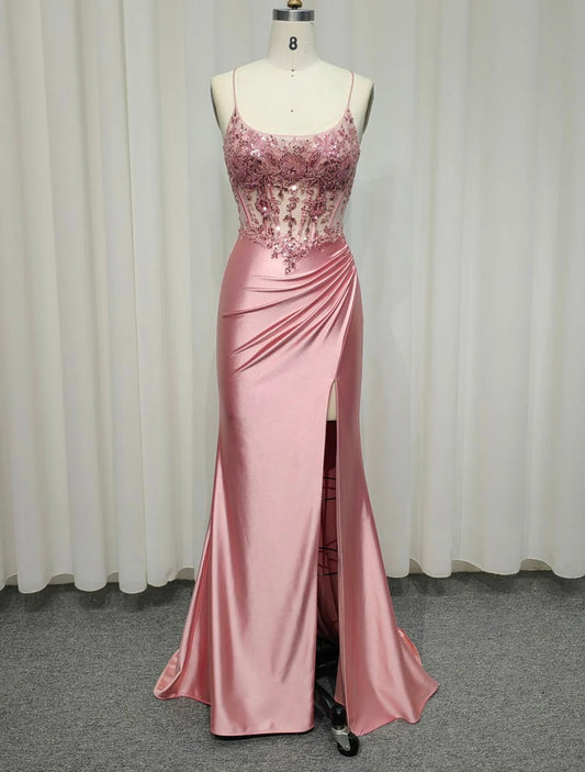 Pink evening gown with beaded top 