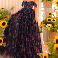 dark floral off-shoulder gown 
