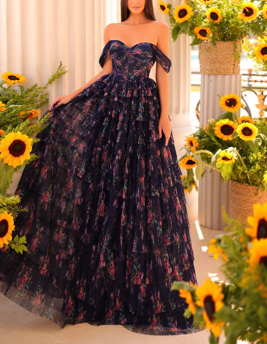 dark floral off-shoulder gown 