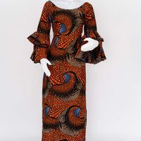 Rust Flare-Sleeve Maxi Gown
