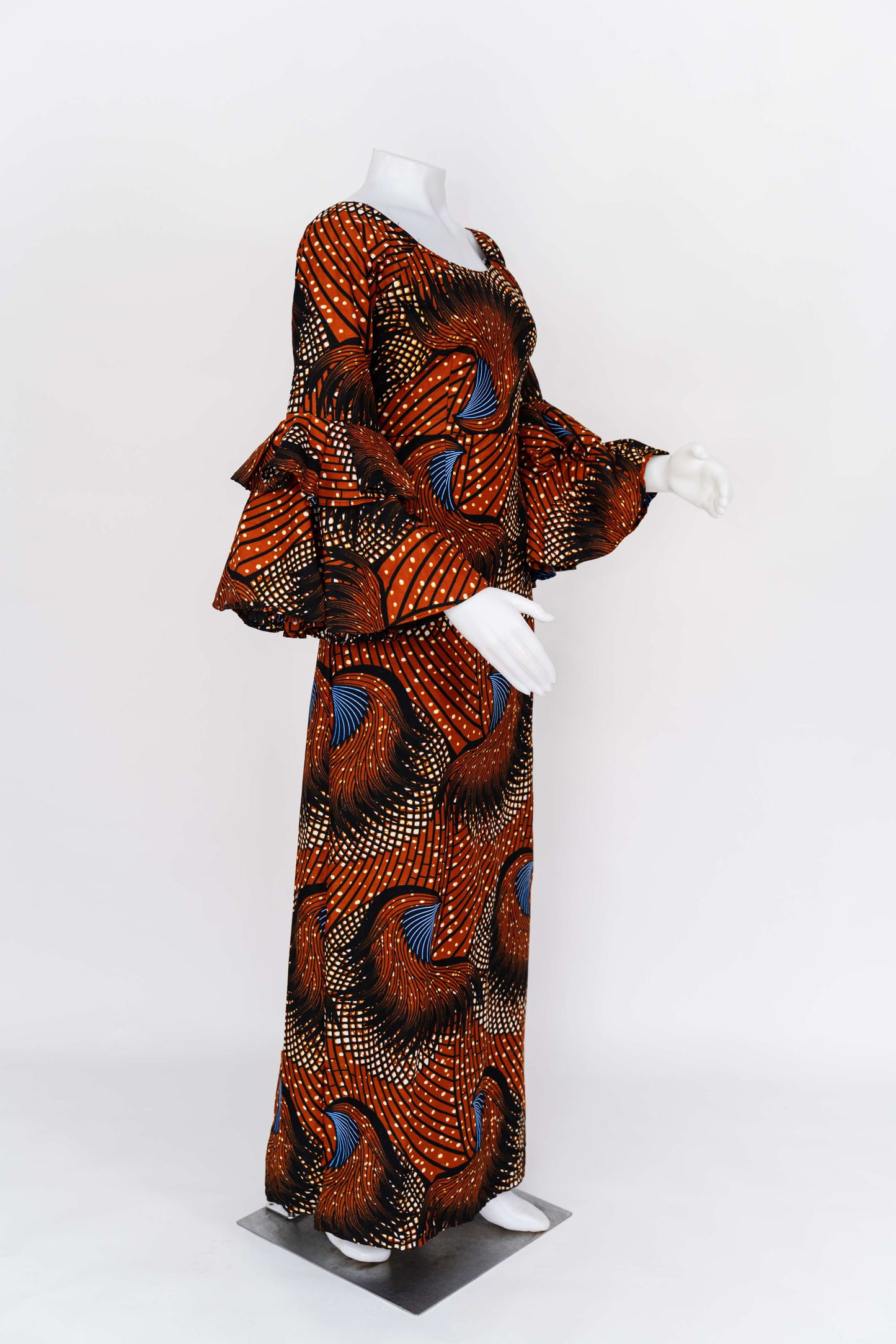 Rust Flare-Sleeve Maxi Gown