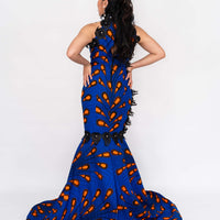 blue and orange patterned dress