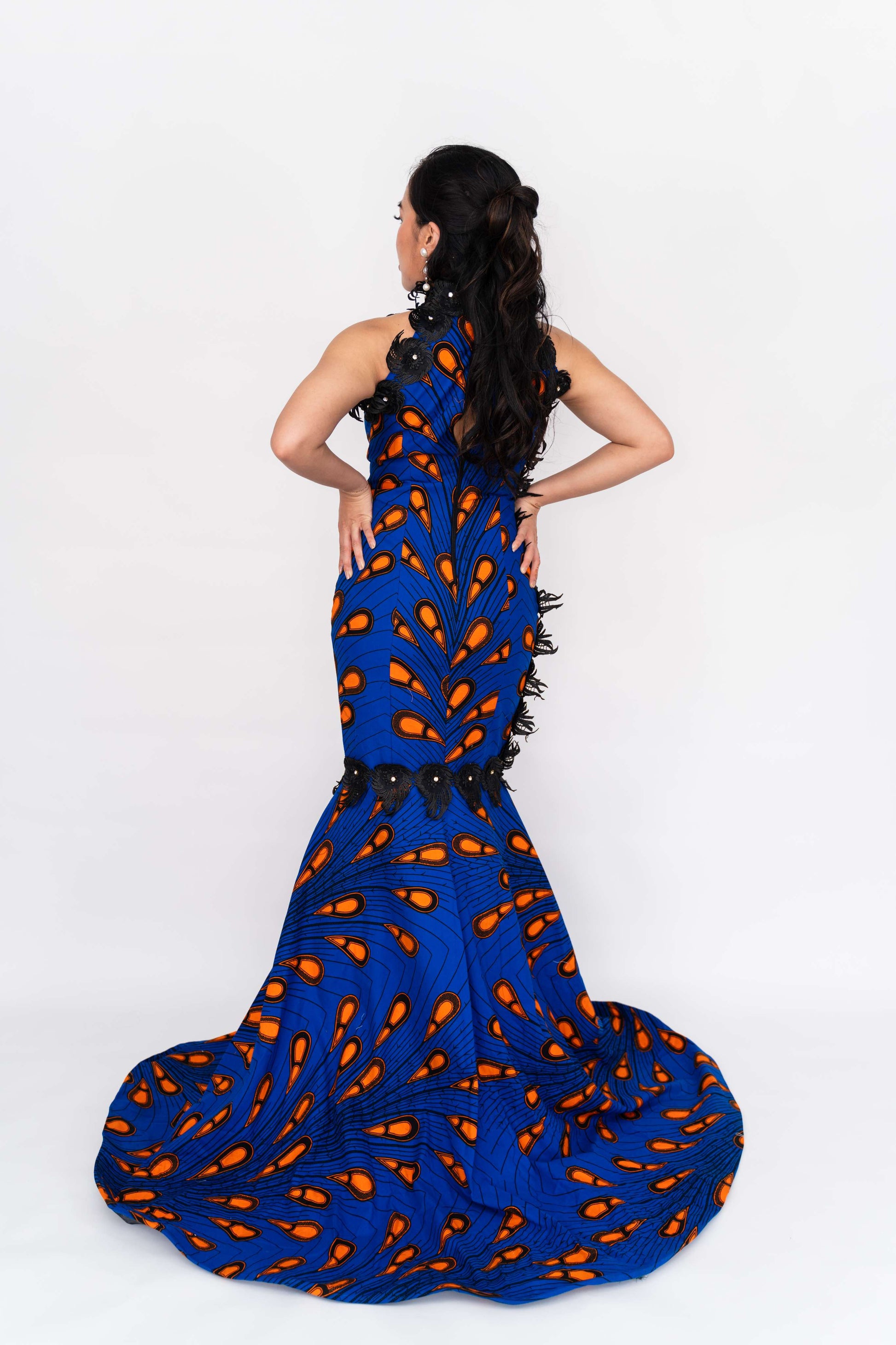 blue and orange patterned dress