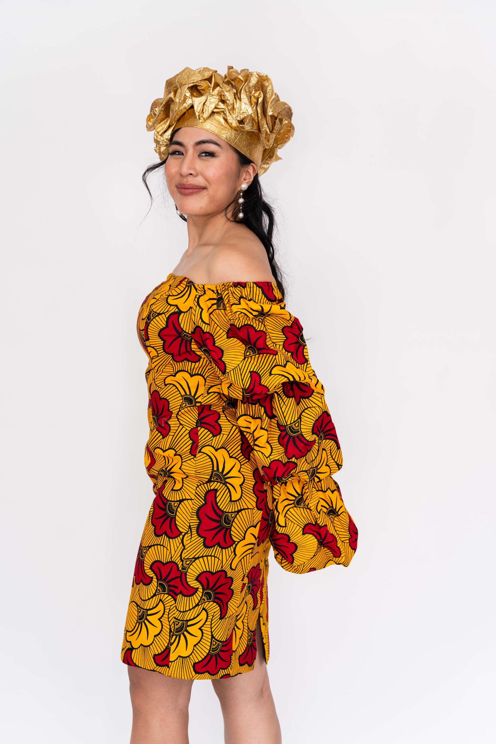 yellow and red patterned dress