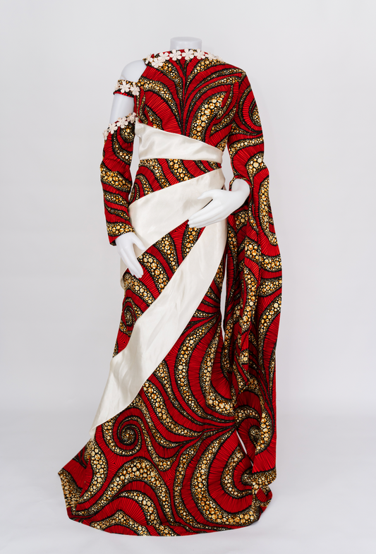 Red Ankara Satin One-Shoulder Gown