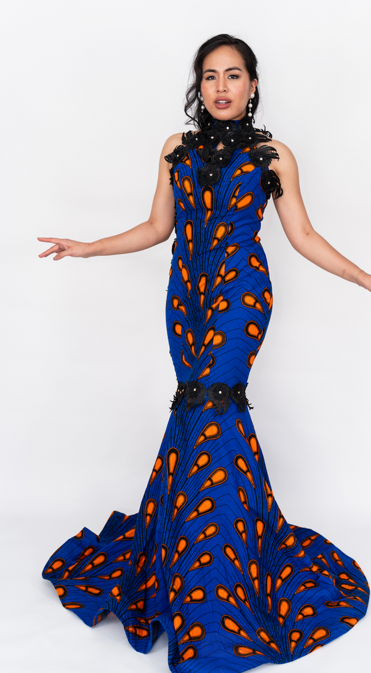 African print evening dress
Blue and orange Ankara dress