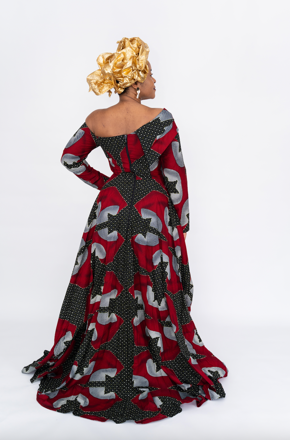 gray patterned off-shoulder dress