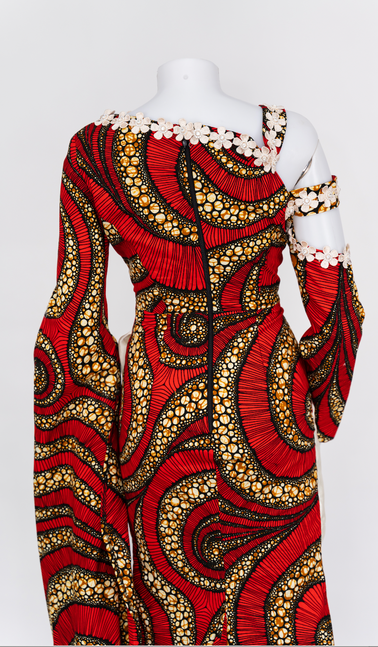 Red Ankara Satin One-Shoulder Gown